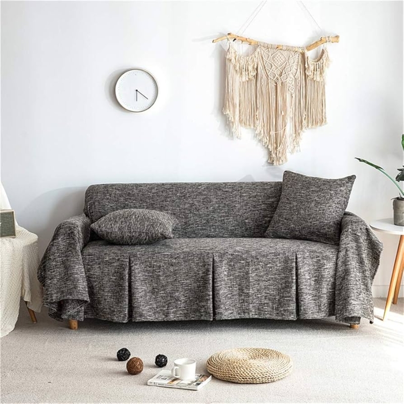Sofa Slipcover Heathered Charcoal Pleated Skirt Boho