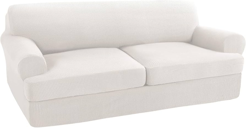 Sofa Slipcover Ivory Waffle Weave T-Cushion Stretch Fit Design