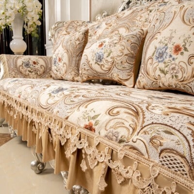 Sofa Slipcover Jacquard Floral Ruffled Lace Skirt Victorian Beige