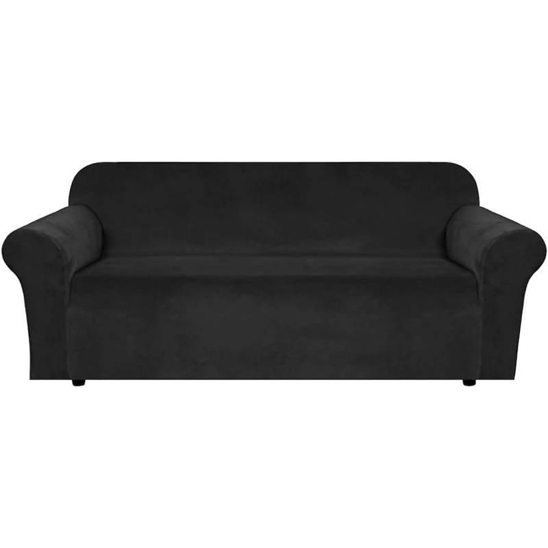Sofa Slipcover Jet Black Velvet Like Rolled Arms Stretch Fit