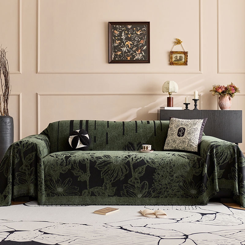 Sofa Slipcover Large Scale Botanical Jacquard Dark Green Black, Maximalist