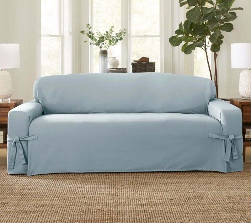 Sofa Slipcover Light Blue-Grey Woven Relaxed Fit Tie-Side