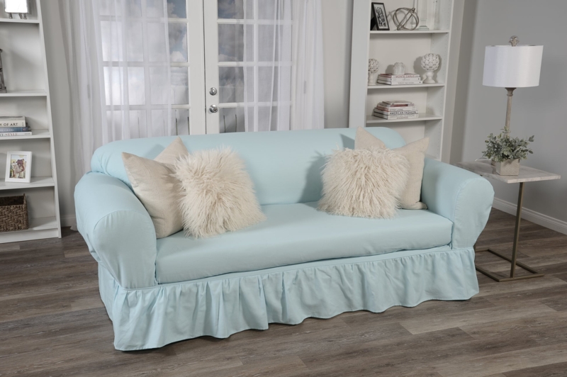 Sofa Slipcover Light Blue Hue Ruffled Skirt Cottage