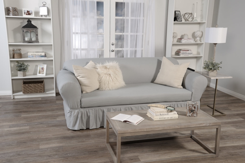 Sofa Slipcover Light Gray Ruffled Skirt Separate Cushion