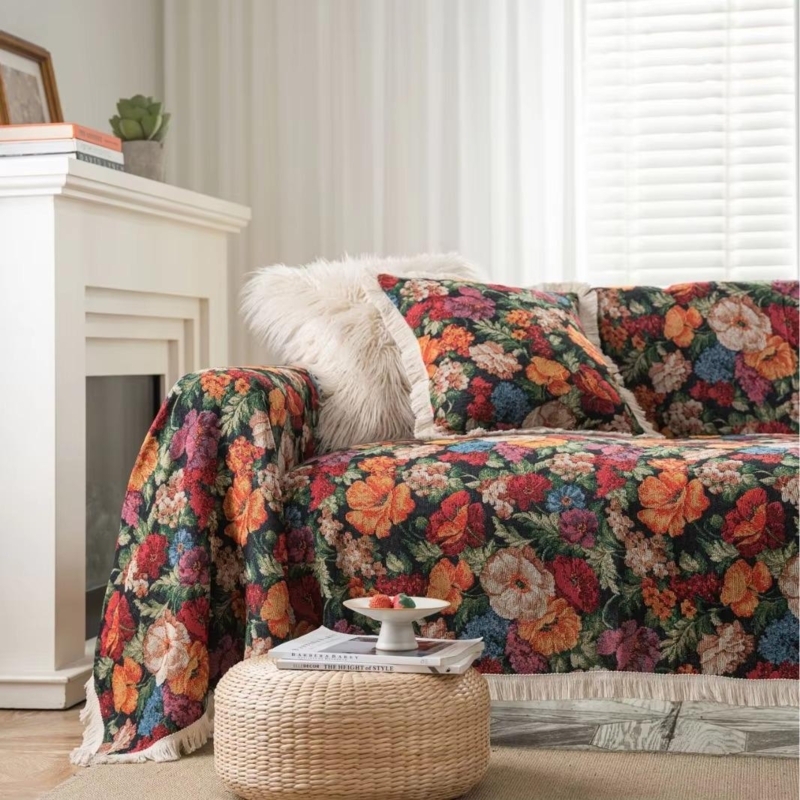 Sofa Slipcover Maximalist Floral Tapestry Fringe Detailing Woven