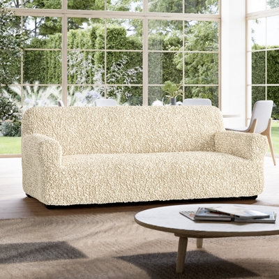 Sofa Slipcover Nubby Texture Cream Stretchy Fit Modern