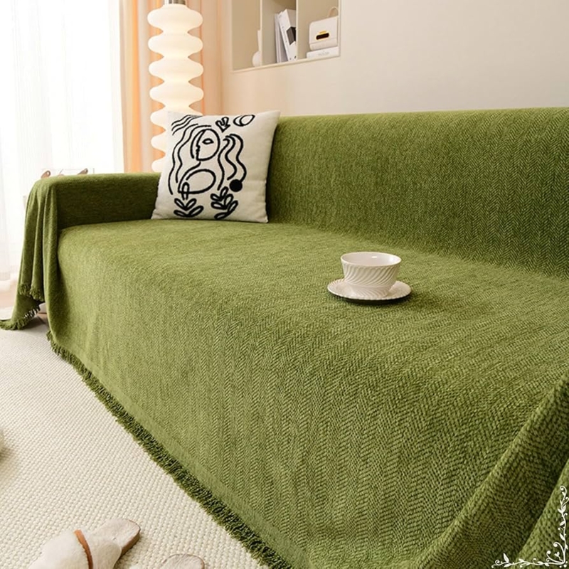 Sofa Slipcover Olive Green Herringbone Tassel Fringe Cozy Boho