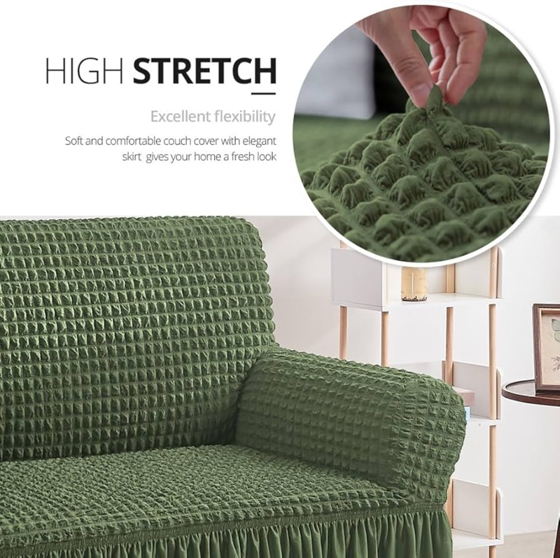 Sofa Slipcover Olive Green Popcorn Texture Ruffled Skirt