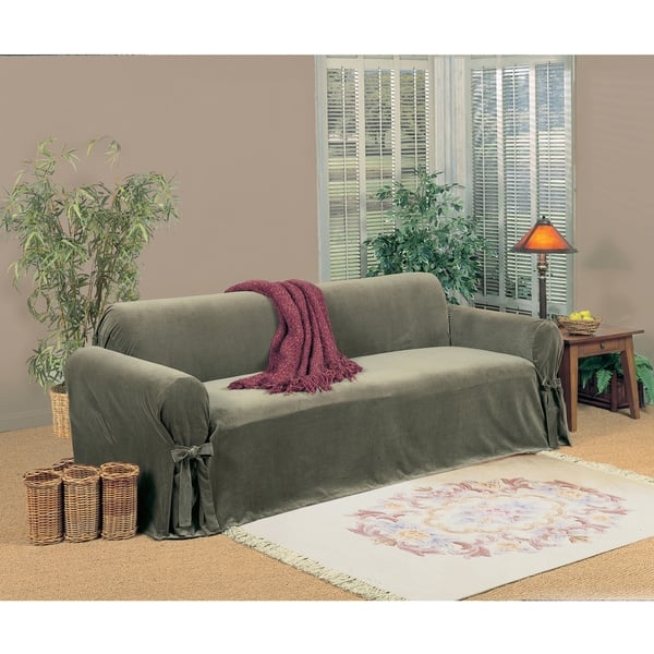 Sofa Slipcover Olive Green Velvet Decorative Arm Ties Skirted