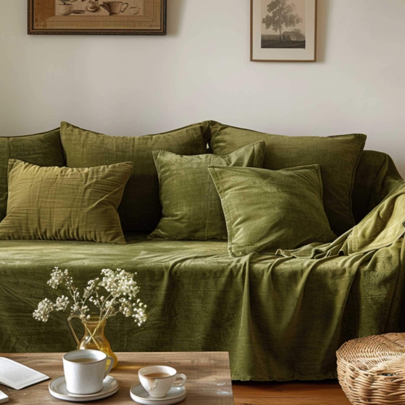 Sofa Slipcover Olive Green Velvet Draped Fit Matching Pillows