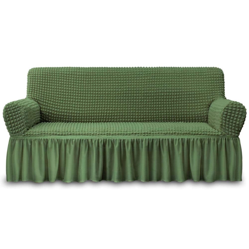 Sofa Slipcover Olive Green Waffle Knit Country Ruffled Skirt