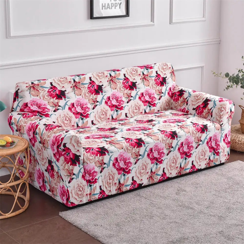 Sofa Slipcover Oversized Botanical Print Stretch Fit Pink Roses, Romantic