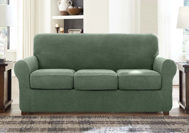 Sofa Slipcover Pea Green Waffle Weave Stretch Fit Three Cushion