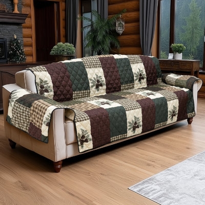 Sofa Slipcover Pinecone Patchwork Plaid Quilted Protector, Rustic Lodge
