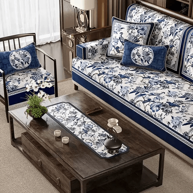 Sofa Slipcover Quilted Pads Blue White Chinoiserie Bird Motif, Traditional