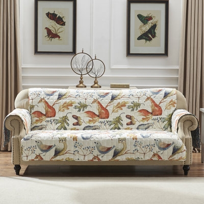 Sofa Slipcover Quilted Woodland Fox Owl Print Cottagecore Autumnal