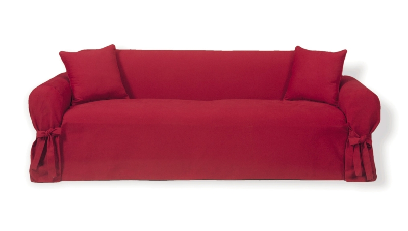 Sofa Slipcover Red Twill-Like Corner Ties Rounded Arms One-Piece