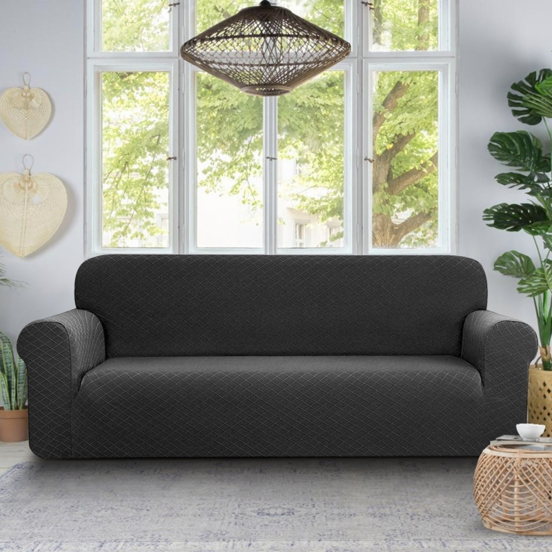 Sofa Slipcover Rhombus Jacquard Pattern Stretch Fabric Charcoal Grey