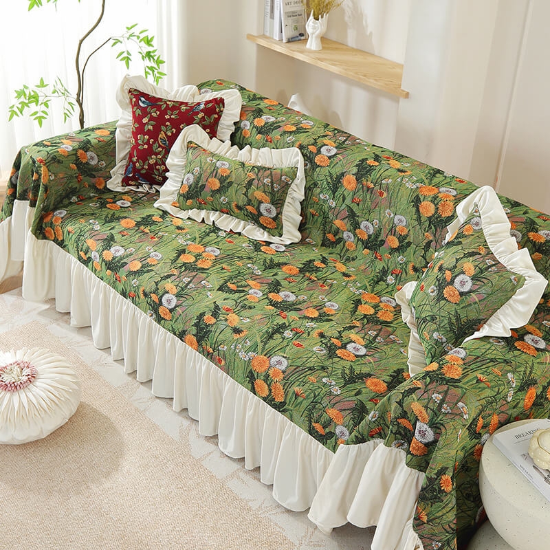 Sofa Slipcover Ruffled Skirt Dandelion Floral Print Cottagecore Style