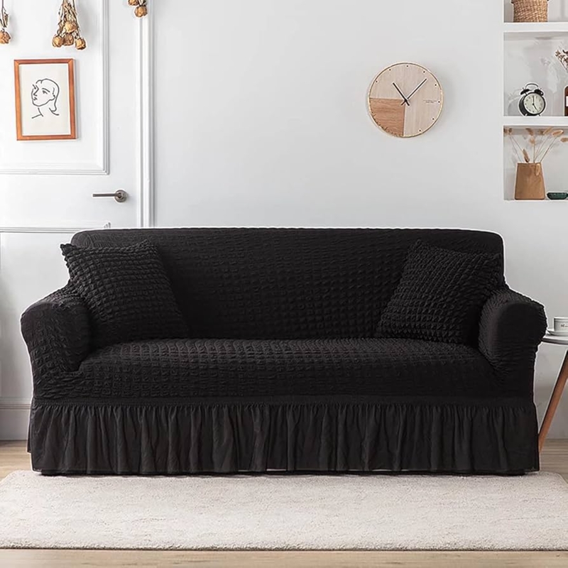 Sofa Slipcover Ruffled Skirt Waffle Weave Texture Minimalist Black