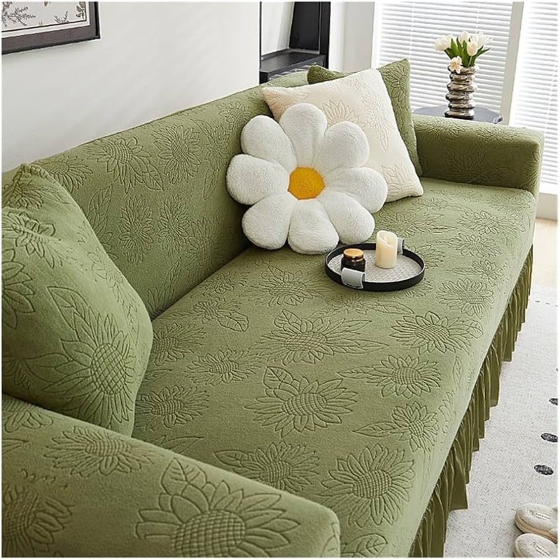 Sofa Slipcover Sage Green Embossed Sunflower Ruffled Skirt
