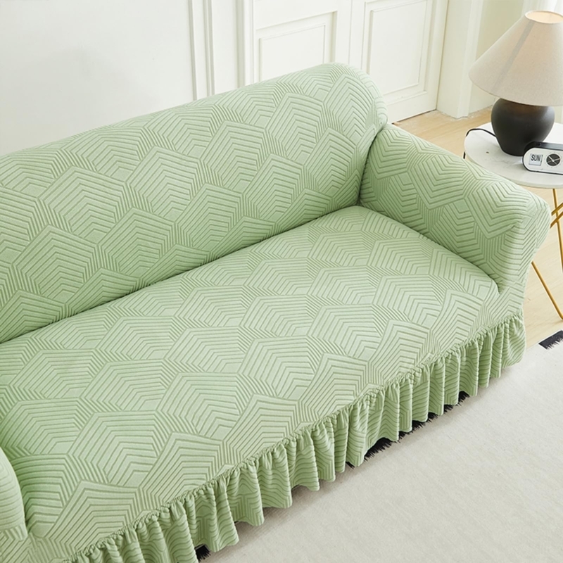 Sofa Slipcover Sage Green Geometric Jacquard Ruffled Skirt
