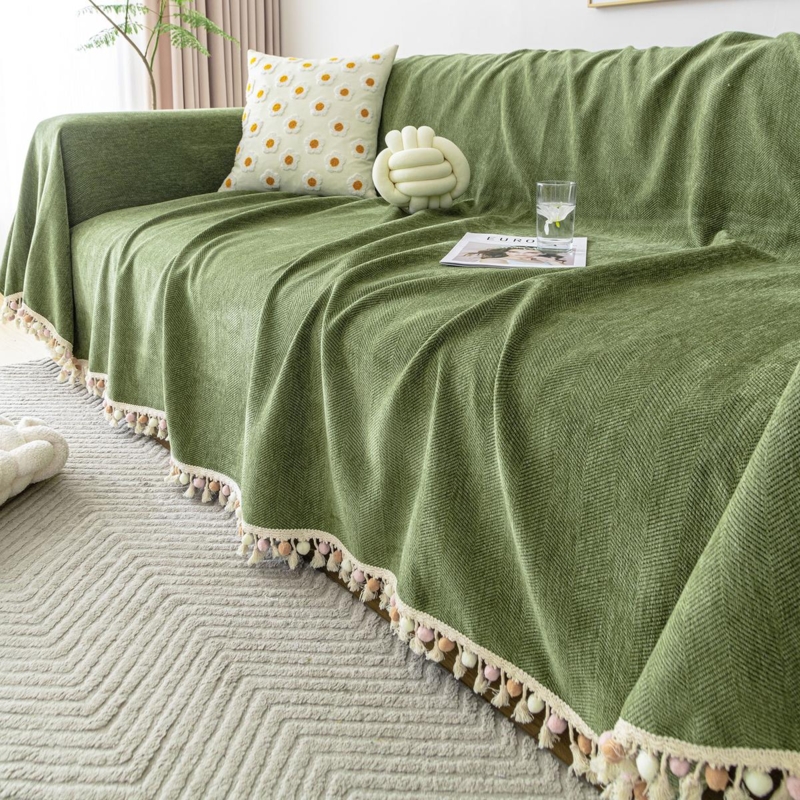 Sofa Slipcover Sage Green Herringbone Pom Pom Trim Chenille Boho