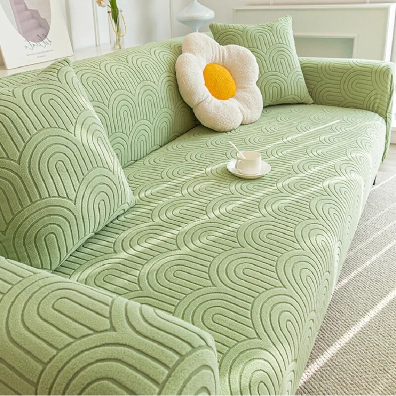 Sofa Slipcover Sage Green Jacquard Arch Pattern Raised Texture