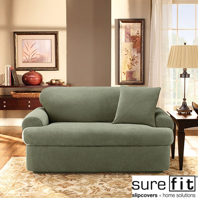 Sofa Slipcover Sage Green Pique Texture T-Cushion Transitional