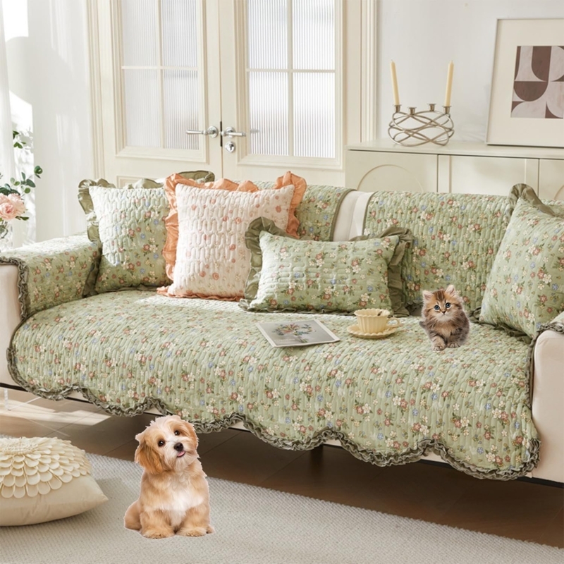 Sofa Slipcover Sage Green Quilted Floral Ruffled Edges, Shabby Chic Style