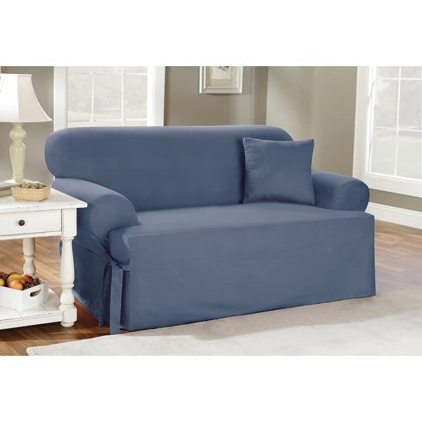 Sofa Slipcover Slate Blue with Side Ties and Skirted Base