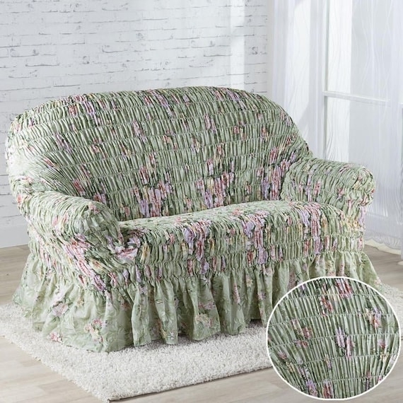 Sofa Slipcover Smocked Texture Rose Floral Pattern