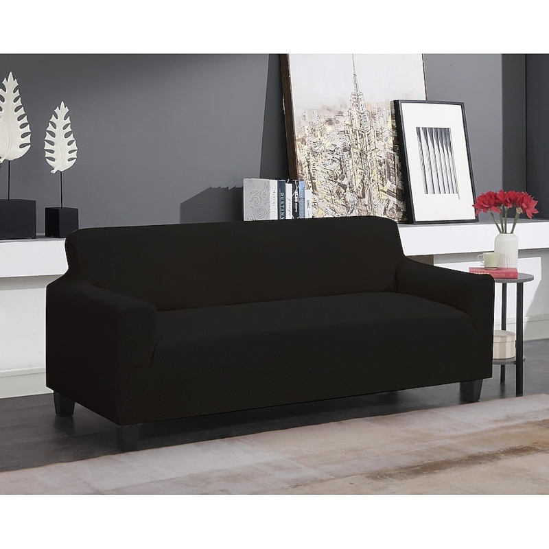 Sofa Slipcover Snug Fit Waffle Texture Elastic Hem Black