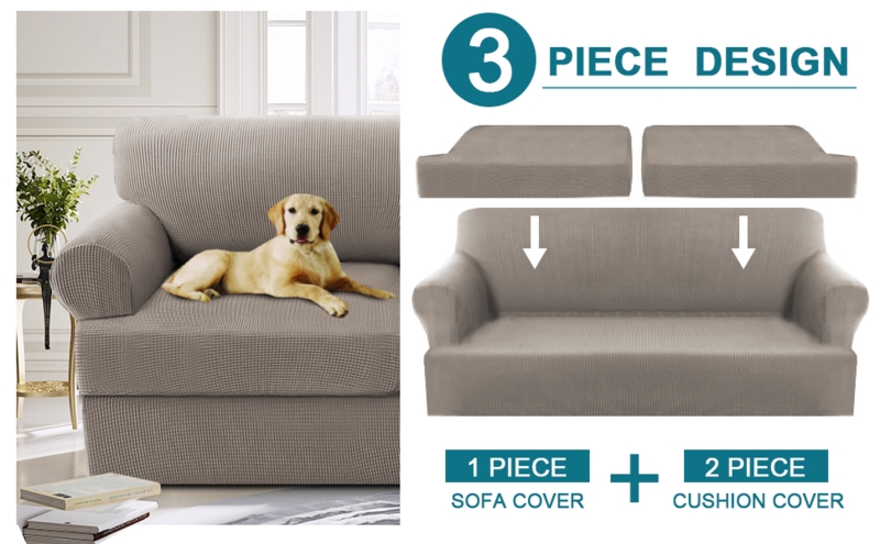 Sofa Slipcover Taupe Three-Piece Set Ribbed Pet-Friendly
