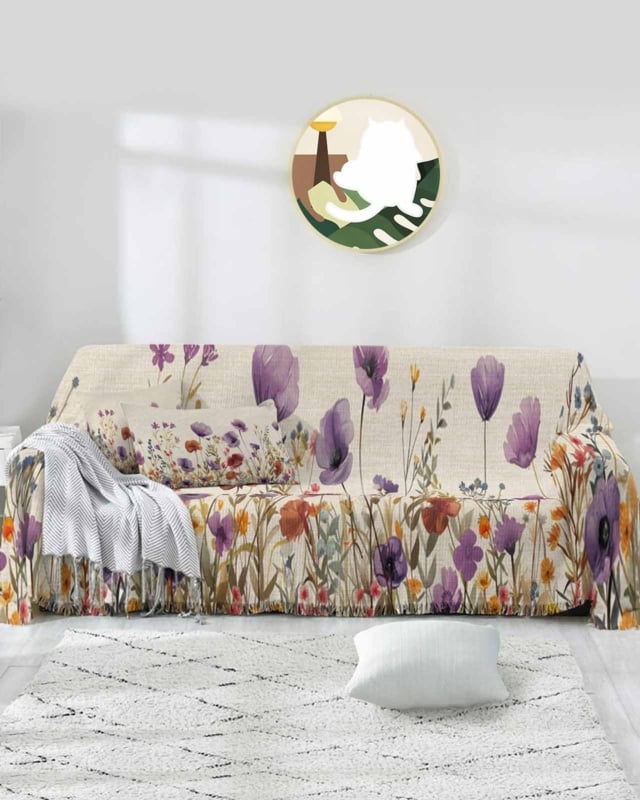 Sofa Slipcover Throw Watercolor Wildflower Fringed Tassel Cottagecore