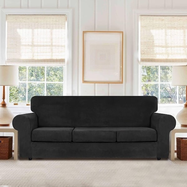 Sofa Slipcover Velvet Like Individual Cushion Fit 4 Piece Black