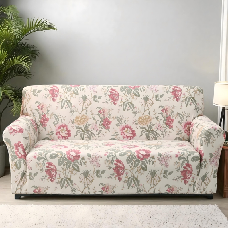 Sofa Slipcover Vibrant Pink Botanical Print Cream Base Cottagecore