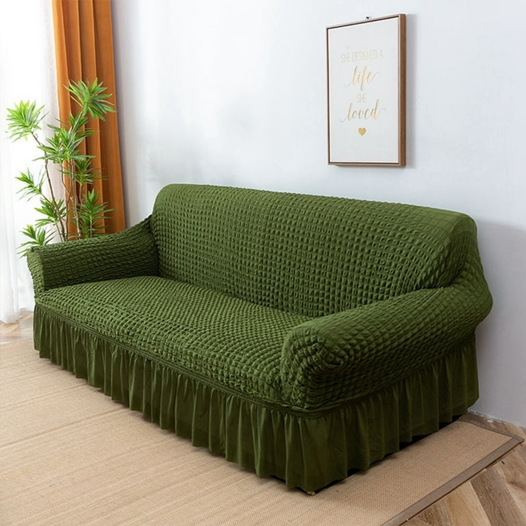 Sofa Slipcover Waffle Ruffled Skirt Olive Green Stretch Fit