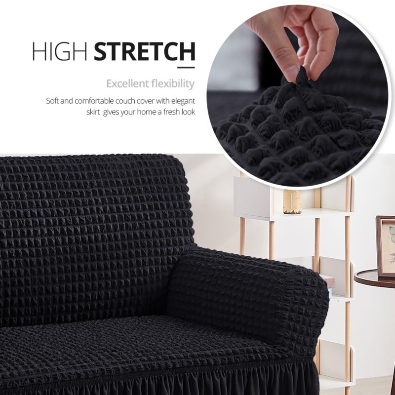 Sofa Slipcover Waffle Texture Ruffled Skirt Traditional Black