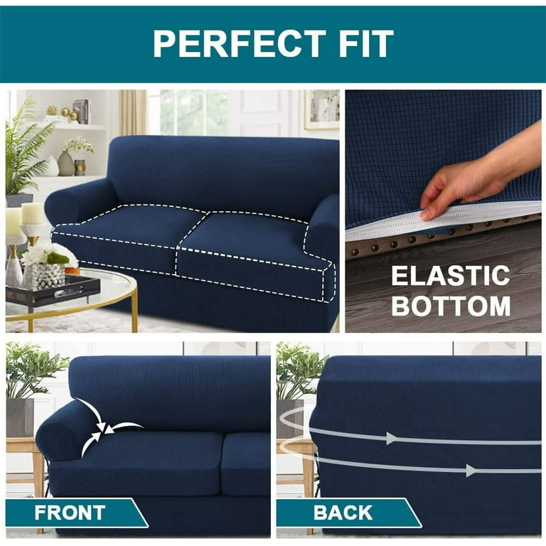 Sofa Slipcover Waffle Weave Texture Navy Blue with Individual Cushions