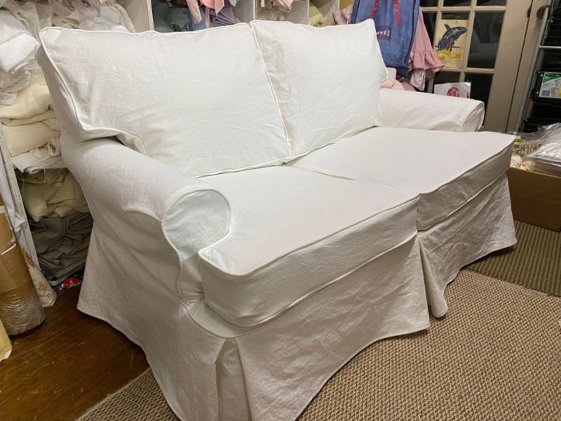 Sofa Slipcover Washed Cotton Canvas White Piped Skirted Base