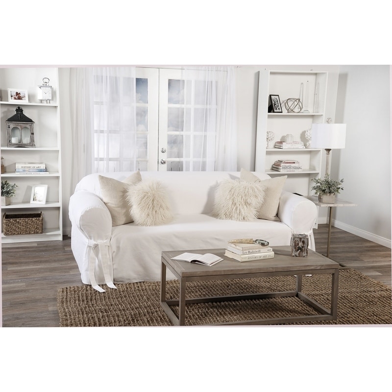 Sofa Slipcover White Arm Ties Monochromatic Farmhouse