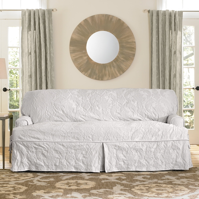 Sofa Slipcover White Matelasse Texture Damask Skirted Traditional