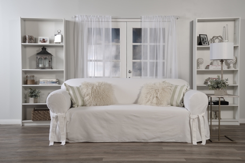 Sofa Slipcover White Tie Arms One-Piece Skirted Base