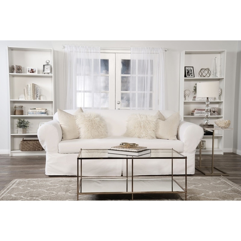 Sofa Slipcover White Twill Weave Skirted Base Two-Piece Design