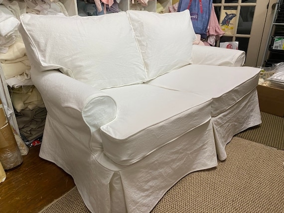 Sofa Slipcover White Washed Cotton Rolled Arms Skirt