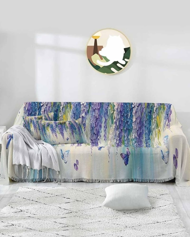 Sofa Slipcover Wisteria Floral Butterfly Accents Fringed Hem, Whimsical Print