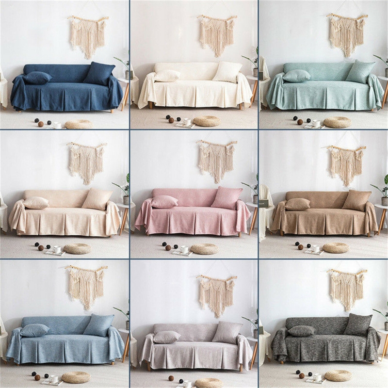 Sofa Slipcover with Ruffled Skirt, Woven Texture, Bohemian Style