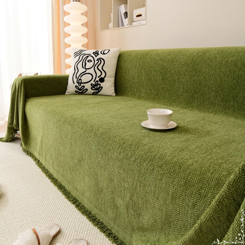 Sofa Throw Cover Olive Green Herringbone Tassel Fringe