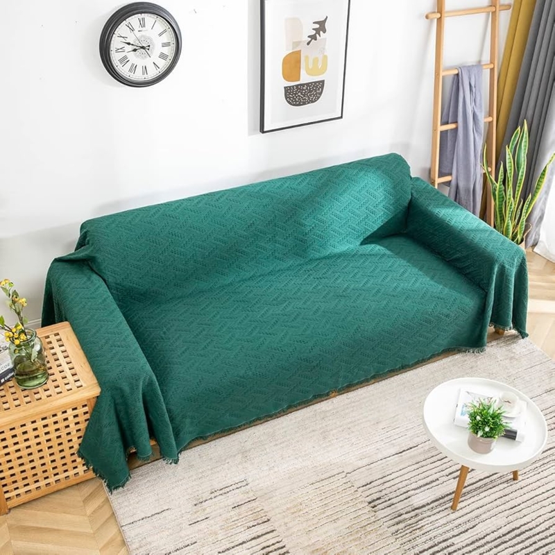 Sofa Throw Slipcover Forest Green Chevron Woven Fringed